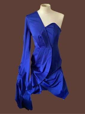 One-Shoulder Cobalt Blue Draped Cocktail Dress